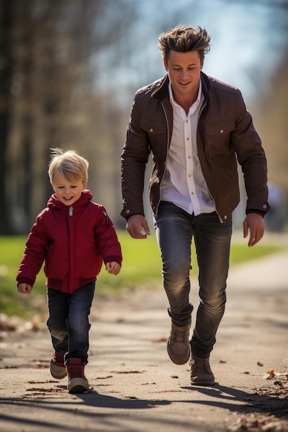Vater und Sohn gehen in der Natur spazieren HD 8K Wallpaper Stock Photographic Image