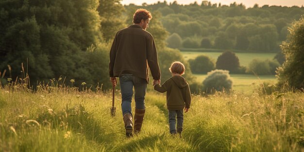 Vater und Sohn gehen in der Natur spazieren