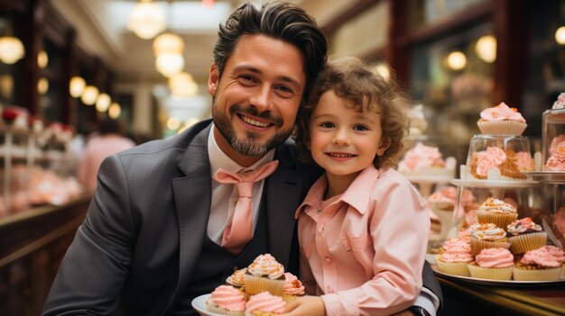 Vater und Sohn genießen die Zeit zusammen im Café und essen Desserts Glückliche Geburtstagsfeier Glückliche Väter da