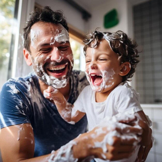 Foto vater und sohn haben spaß im badezimmer