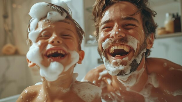 Vater und Sohn haben Spaß, während sie sich im Badezimmer rasieren Lichtfoto Glückliche Familienmomente