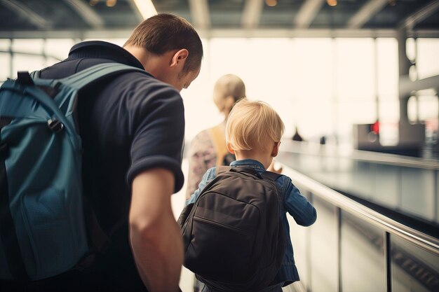 Vater und Sohn mit Koffern am Flughafen