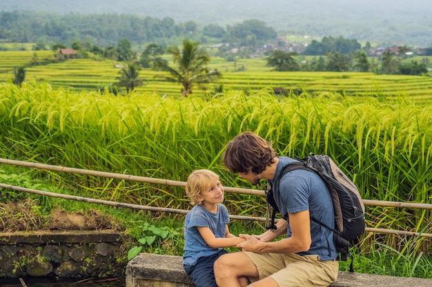 Vater und Sohn Reisende auf den wunderschönen Reisterrassen von Jatiluwih vor dem Hintergrund berühmter Vulkane in Bali, Indonesien Reisen mit Kindern Konzept