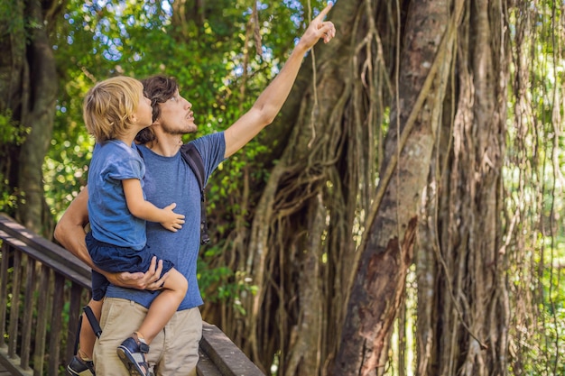 Vater und Sohn Reisende entdecken den Wald von Ubud im Affenwald, Bali Indonesien. Reisen mit Kinderkonzept.