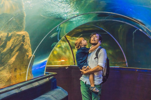 Vater und Sohn schauen sich die Fische im Aquarium im Ozeanarium an.