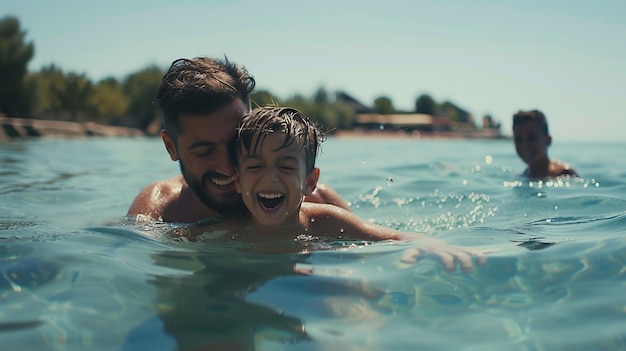 Vater und Sohn schwimmen tagsüber im Pool, Leute amüsieren sich im Freien.