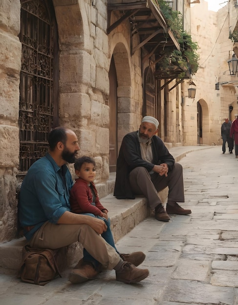 Vater und Sohn sitzen auf der Straße in der alten Stadt von Jerusalem