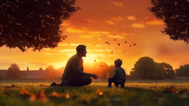 Vater und Sohn spielen bei Sonnenuntergang im Park