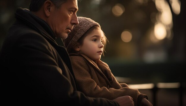 Vater und Sohn umarmen sich in warmer, von KI generierter Winterkleidung