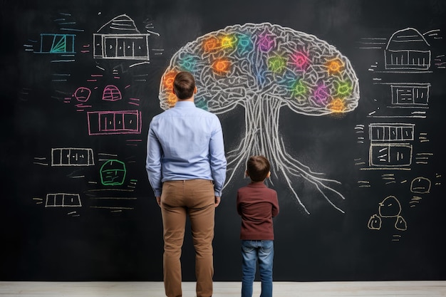 Vater und Sohn vor einer Tafel mit wissenschaftlichen Daten-Rücksicht