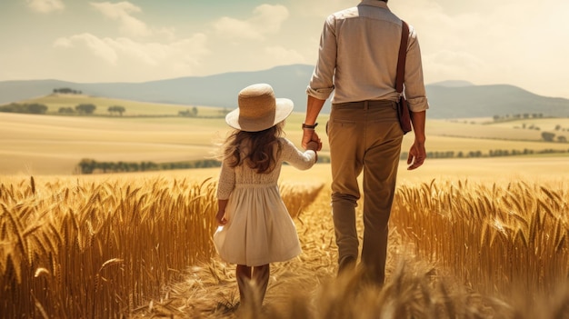 Vater und Tochter gehen Hand in Hand auf einem Gerstefeld