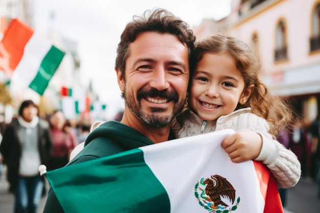 Vater und Tochter halten mexikanische Flagge