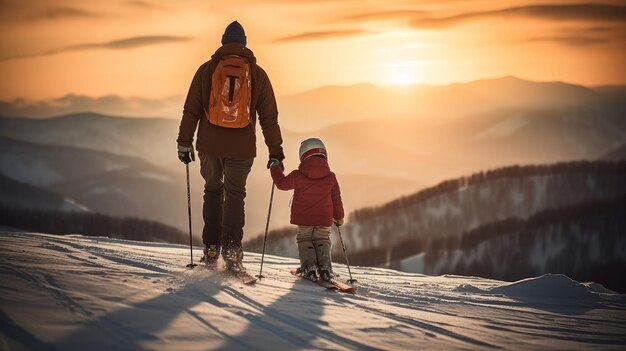 Vater und Tochter hoch in den schneebedeckten Bergen in einem Skigebiet Extremsport treiben und beobachten die