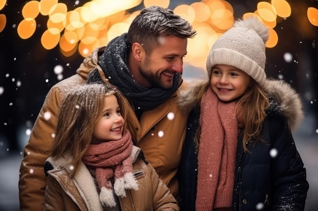 Vater und Tochter in einem schneebedeckten Weihnachtspark mit ihrer Tochter, die für die Kamera posiert