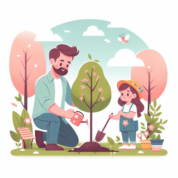 Vater und Tochter pflanzen im Frühling einen Baum Familienzeit Flachstil