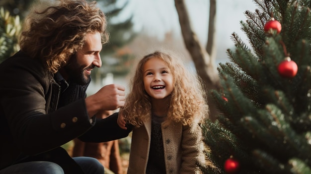 Vater und Tochter schmücken ihren Weihnachtsbaum KI-generiert