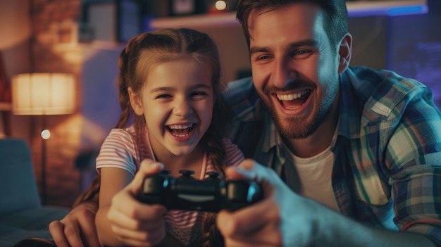 Vater und Tochter spielen Videospiele