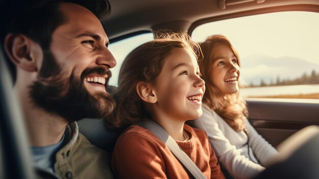 Vater und zwei Kinder fahren im Auto und lachen und lächeln breit, während sie unterwegs sind. Erstellt mit generativer KI-Technologie