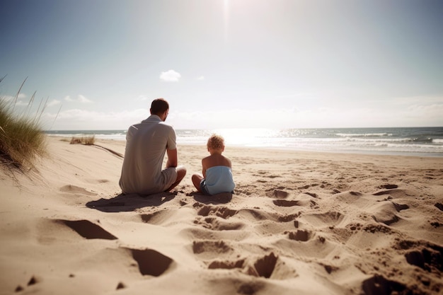 Vatertag Eltern mit seinem kleinen Kind spielen an einem Sandstrand am Meer Sommerurlaub