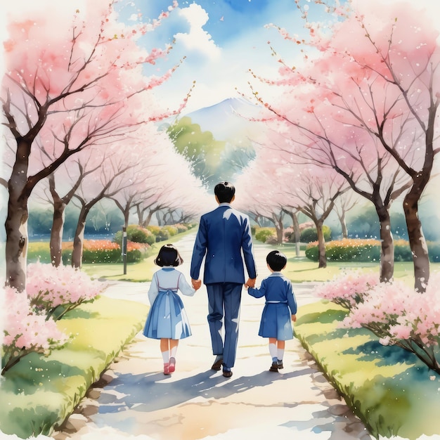 Vatertag-Illustration Vater hält seine Kinder in Kirschblütenbäumen an der Hand