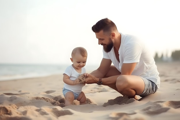 Vatertag Vater und kleiner Sohn spielen zusammen am Sandstrand. Neuronales Netzwerk, erstellt im Mai 2023. Basiert nicht auf einer tatsächlichen Personenszene oder einem Muster