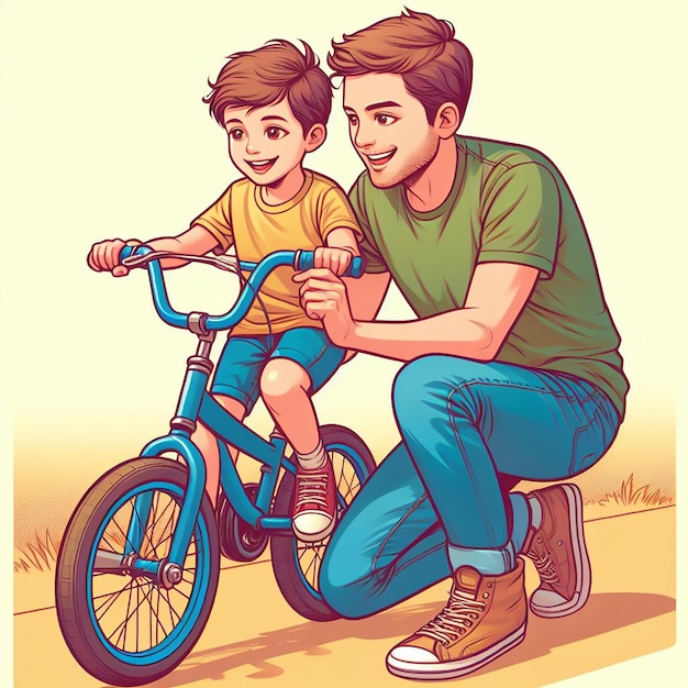 Vatertagsfeiern Vater, der seinem Kind beibringt, wie man Fahrrad fährt, erzeugt ai