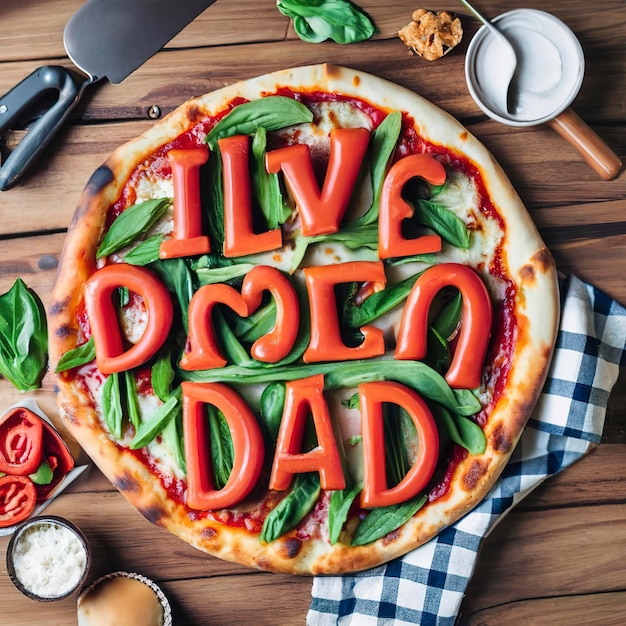 Vatertagshintergrund Pepperoni-Pizza mit „I love Dad“-Schriftzug auf Holztischplatte Vatertagskonzept, Rezept und Idee, Draufsicht oder Flatlay