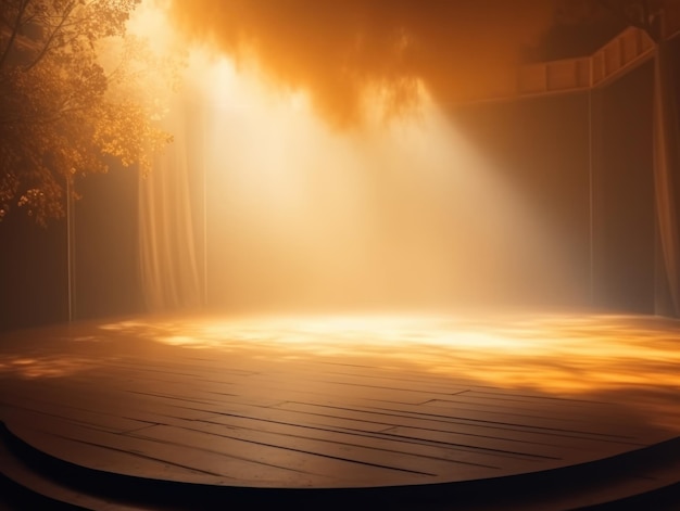 vazio palco fundo cena holofotes aro luz pódio névoa nuvem concerto pista de dança laranja