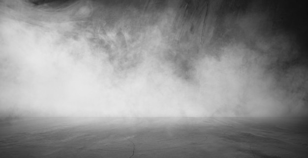 Vazio quarto escuro abstrato névoa fumaça brilho raios parede e chão interior exibe produto