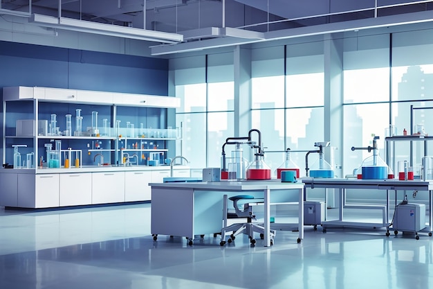 vazio sem pessoas laboratório de pesquisa química com diferentes equipamentos cientista local de trabalho educação científica química conceito de laboratório moderno interior plano horizontal