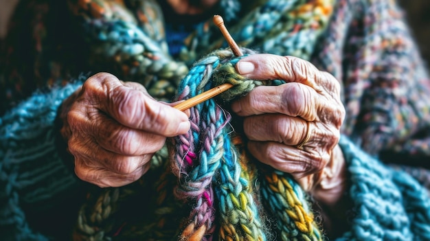 Foto se ve a una anciana tejiendo una bufanda con una aguja de tejer de madera esta imagen se puede usar para representar el arte de tejer o para ilustrar la habilidad y la paciencia de los ancianos