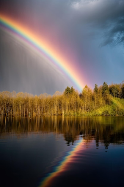 Se ve un arco iris sobre un lago en el bosque.