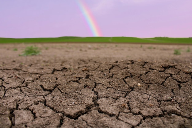 Se ve un arco iris sobre una tierra agrietada.