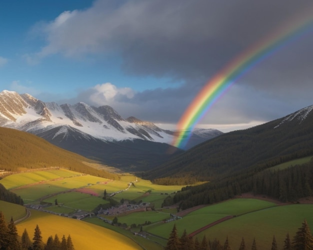 se ve un arco iris sobre un valle con una montaña al fondo.