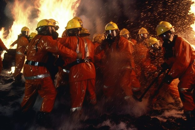 Foto se ve a un bombero en el fondo de un bombero con un traje rojo y un casco amarillo.