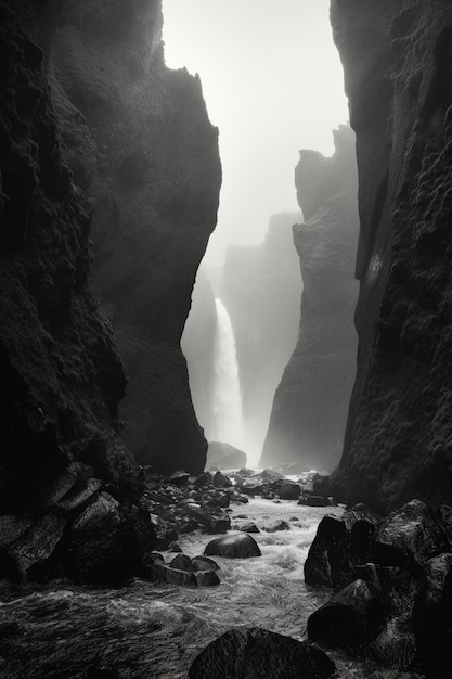 Se ve una cascada a través de un cañón oscuro con una cascada al fondo.