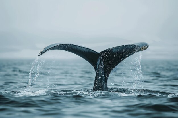 Foto se ve una cola de ballena en el agua con la cola aleteando en el agua