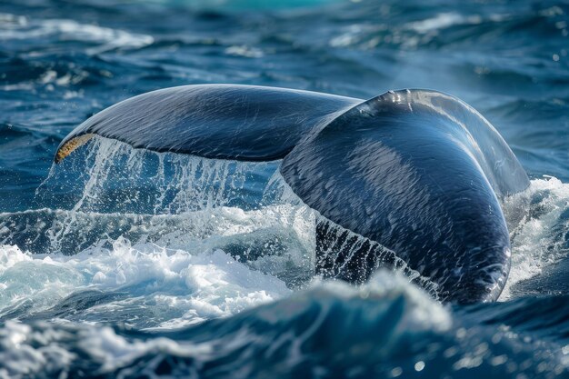 Foto se ve una cola de ballena en el agua