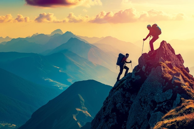 Se ve a dos individuos ascendiendo una montaña utilizando sus habilidades y equipos para abordar el terreno desafiante Vista artística de un excursionista ayudando a su amigo a escalar un pico de montaña Generada por IA