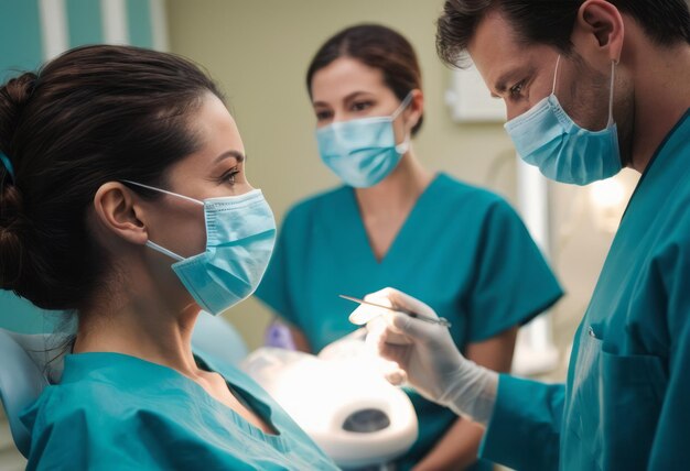 Se ve a un equipo de dentistas trabajando juntos en la atención del paciente demostrando colaboración y