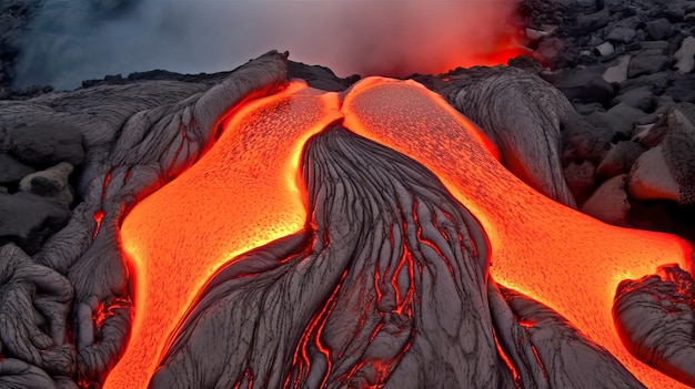 Foto se ve un flujo de lava desde el fondo de un volcán.