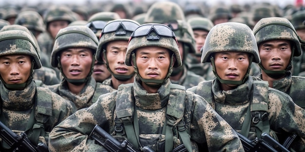 Foto se ve a un grupo de soldados chinos marchando en formación con expresiones estoicas en sus rostros ia generativa