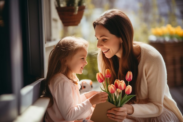 se ve a la hija felicitando a su madre por el Día de la Madre