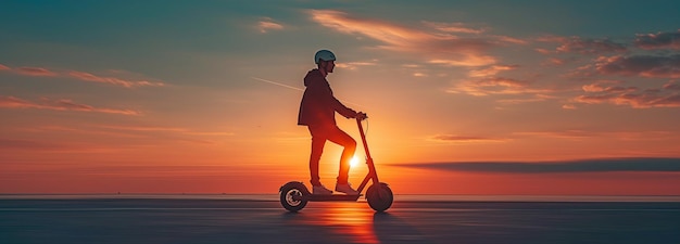 Se ve a un hombre caucásico montando un scooter eléctrico al anochecer