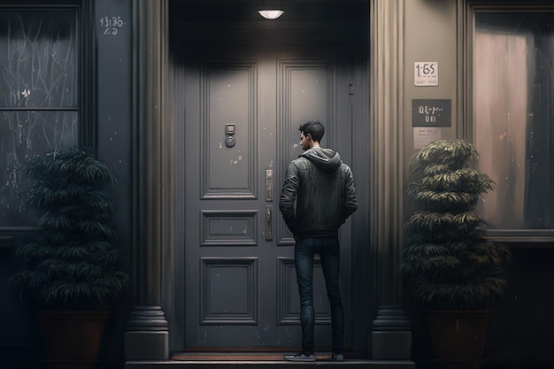 Se ve a un hombre parado frente a la puerta del apartamento.