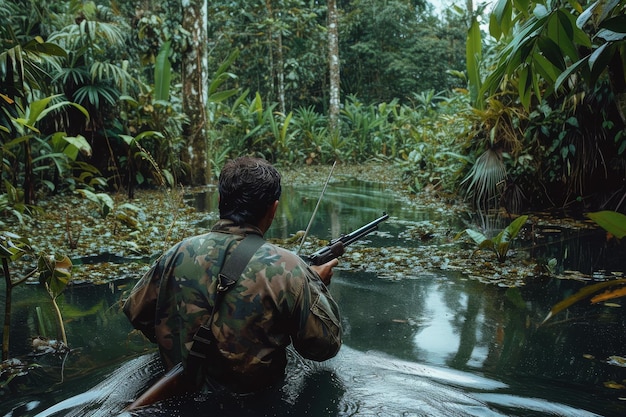 Se ve a un hombre sosteniendo un arma mientras está sumergido en el agua Una imagen vívida de la caza en la selva amazónica generada por la IA