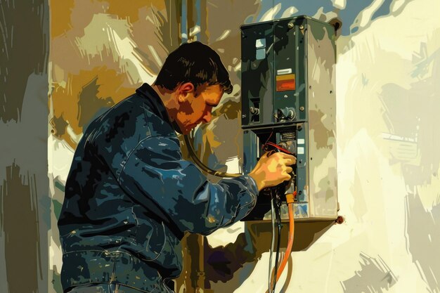 Foto se ve a un hombre trabajando en un panel eléctrico adecuado para conceptos industriales y técnicos