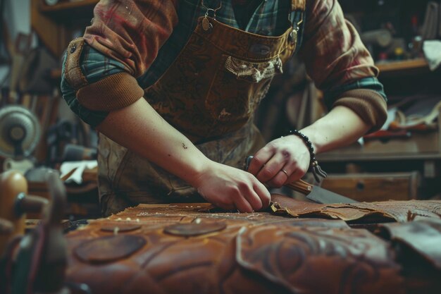 Foto se ve a un hombre trabajando en una pieza de cuero adecuada para artesanías o temas de taller