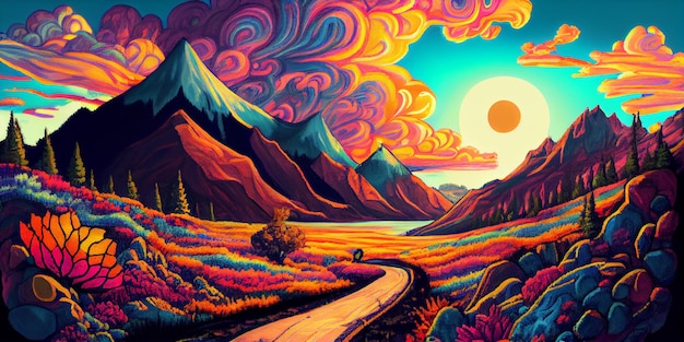 Se ve una ilustración colorida de un camino que lleva a las montañas y al sol.