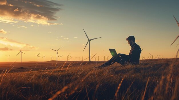 Se ve a un ingeniero trabajando en una computadora portátil en una granja eólica